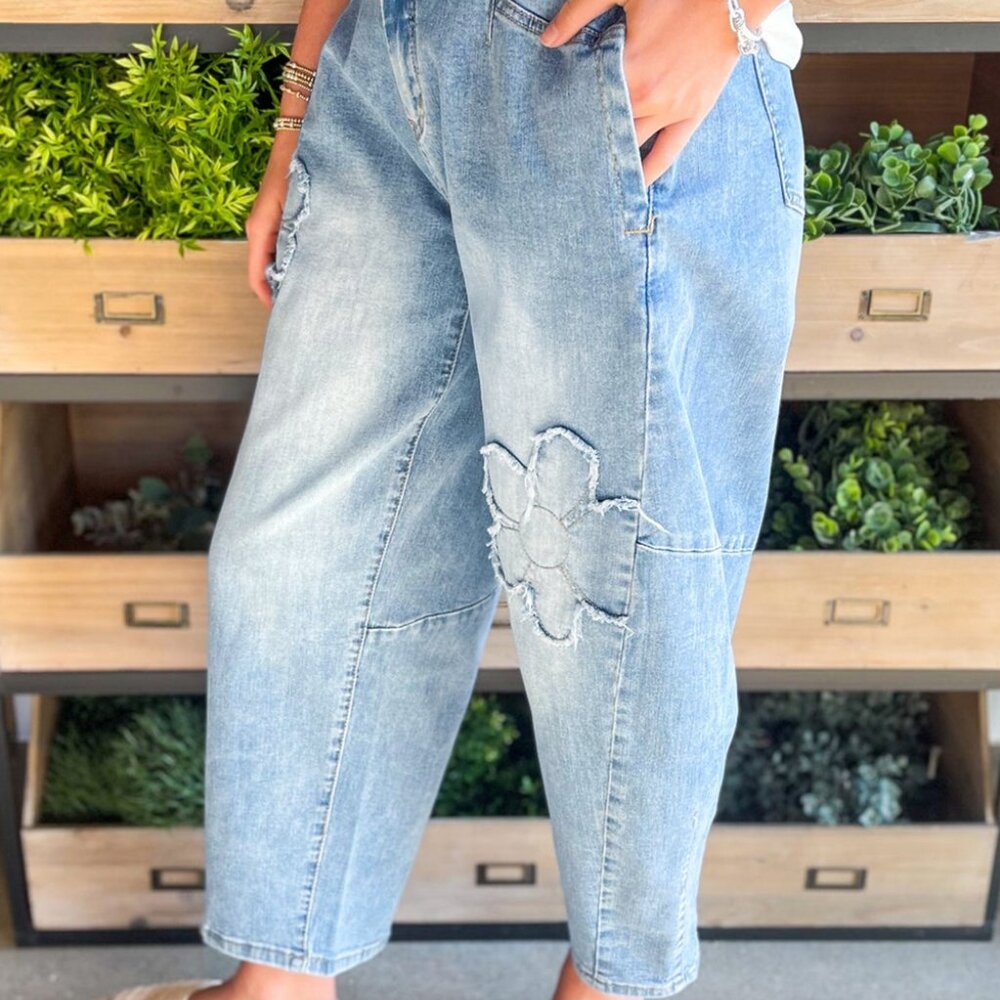 B299 RESTOCKED Beau Blue Light Wash Floral Pocketed High Waist Jeans - Picture 2 of 4
